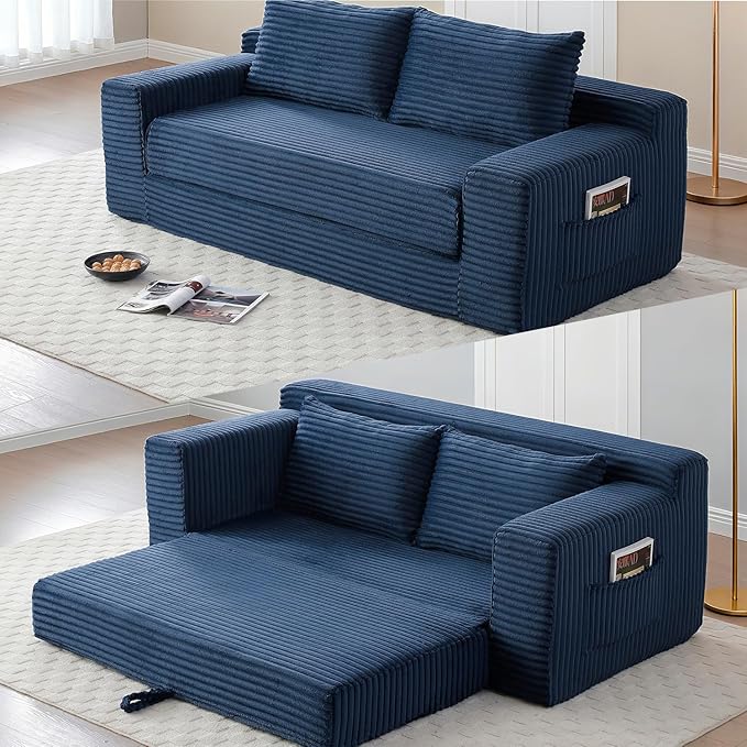 73 Memory Foam Cloud Loveseat Sofa 2 in 1 Convertible Folding Couch Bed Compressed Corduroy Floor Lounge Sofa No Assembly for Apartment Office Bedroom Living Room (Blue)