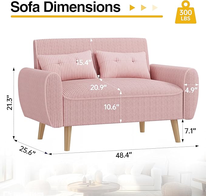 JAMFLY Pink Loveseat Sofa 47.2'' Modern Small Space Sofa Set High Density Sponge Linen Wood 350 lbs Capacity
