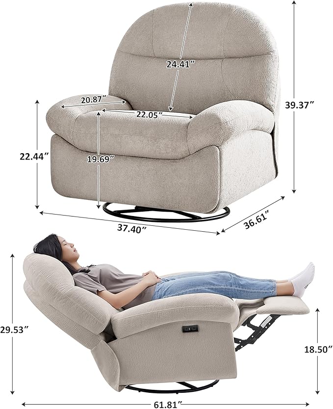 VANOMi Power Recliner Chair with USB &amp Type-C Charging 270° Swivel Glider Rocker Electric Nursery Recliner for Living Room Bedroom and Office Camel