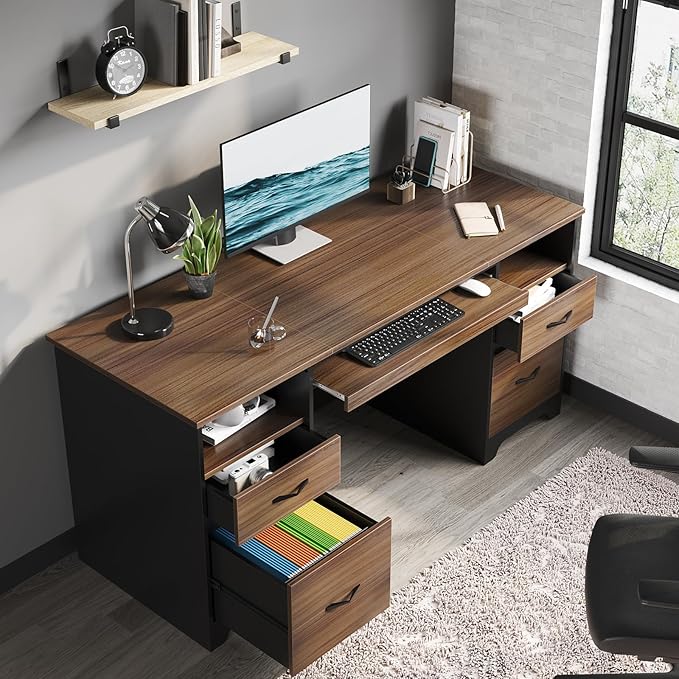 Bestier 59” Computer Desk with 4 Drawers Office Desk with Storage Industrial Executive Desk with File Drawer Keyboard Tray &amp 2 Pedestals for Home Office &amp Studio Cherry