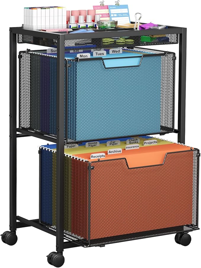Rolling File Cart with 2 Drawers Under Desk Storage Cabinet with DIY Divider Letter/Legal Mobile Filling Cabinet on Wheels Hanging File Folders Organizer Metal Utility Cart for Home Office Black