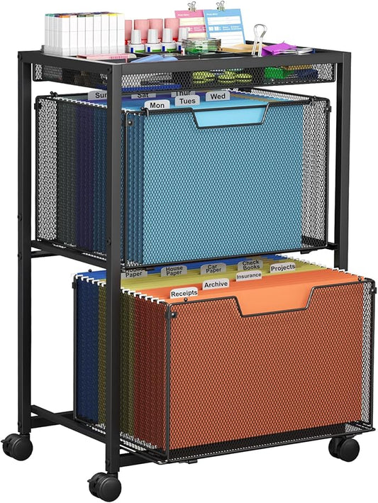 Rolling File Cart with 2 Drawers Under Desk Storage Cabinet with DIY Divider Letter/Legal Mobile Filling Cabinet on Wheels Hanging File Folders Organizer Metal Utility Cart for Home Office Black