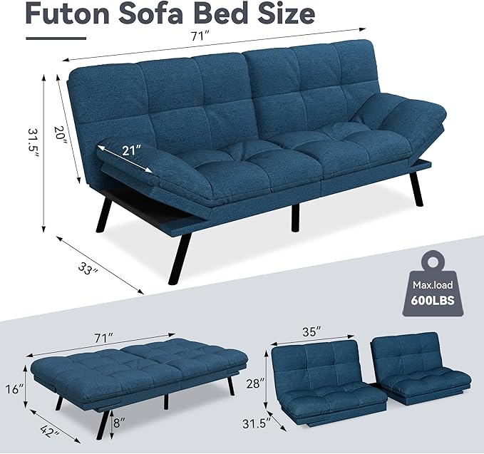 Convertible Futon Sofa BedLinen Futon Couch with Detachable CushionAdjustable Backrest &amp ArmrestModern Small Loveseat Sleeper Recliner for Living RoomOfficeApartmentBlue
