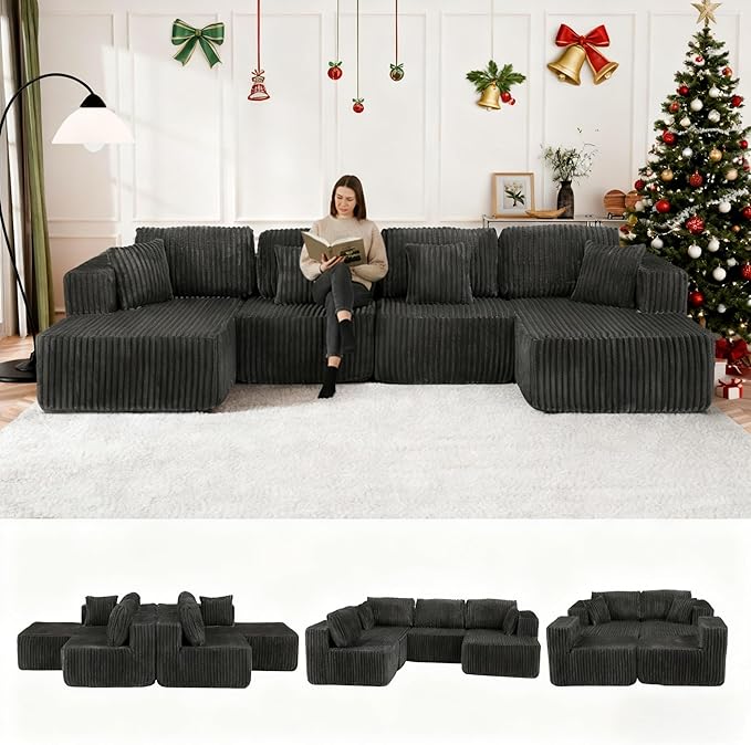 132 U Shaped Sectional Couch Large Modular Cloud Couches with Double Chaise Lounge Comfy Corduroy Cloud Sofa with Pillows Boneless Couches for Living Room Grey