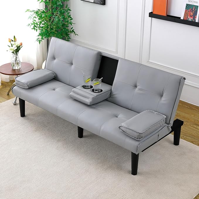 Light Gray Futon Sofa Bed - 67 Convertible Sleeper Loveseat Couch with Adjustable Backrest 2 Seater Small Futon Couch with Removable Armrests for Living Room Bedroom Dorm Apartment (Light Gray)