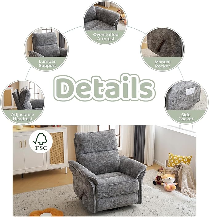 Oversized Rocking Chair Nursery with Adjustable Headrest 26 Extra Wide Glider Recliner Nursery Chair for Nursery 360° Swivel Rocker Recliner with Overstuffed Armrest Dark Grey