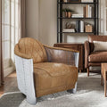 Zouron Genuine Leather Living Room Chair Mid Century Modern Single Sofa Chair in Aluminum Vintage Barrel Accent Chair for Living Room Bedroom Home Office Light Brown