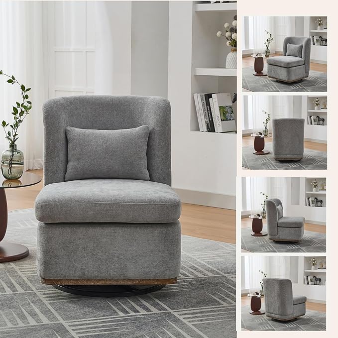 Swivel Accent Chair for Living Room25.2 Modern Chenille 360° Rotating Armless Chair with Metal BaseUpholstered Seat &amp PillowReading Chair for Office &amp Bedrooms (Gray)