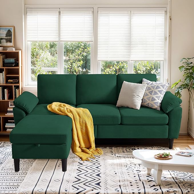 Convertible Sectional Sofa Set Modern L Shaped 3 Seat Sofa with Reversible Ottoman and Accent Chair Linen Sectional Couches for Living Room Green