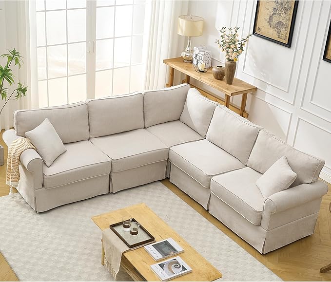 Modular Sectional Sofa SetConvertible L Shaped Couch5 SeatReversible Sectional Sofa CouchUpholsteredCorner SofaRolled ArmsSoft Linen Fabric (Beige)