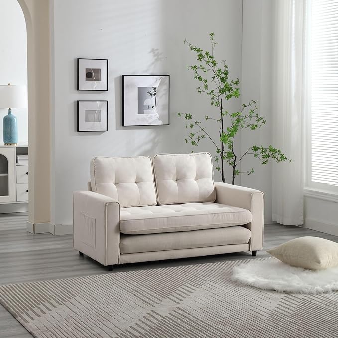 Futon Sofa Bed Convertible Folding Chaise Lounge for Compact Living Studio Bedroom Offices Dorm - Adjustable Pull Out Breathable Small Loveseat (Off White)