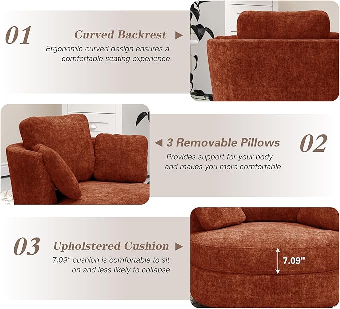 Mlmh &amp Kngwa Oversized Swivel Chair with Ottoman 40.4 inch Round Swivel Accent Chair and A Half Moon Ottoman with 3 Pillows Chenille Cozy Reading Chairs for Bedroom Living Room Terracotta