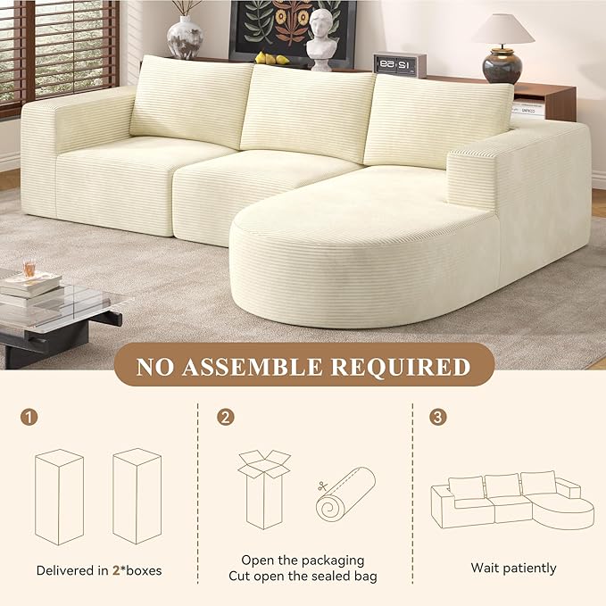 L-Shaped Boneless Couch104 Couches for Living Room with Curved ChaiseModular Sectional Sofa with Deep SeatModern Cozy Cloud Compression SofasNo Assembly Required(Beige) 1PCS