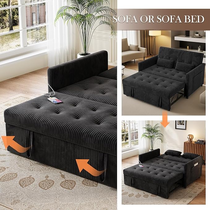 Sofa Bed Loveseat 3-in-1 Sleeper Sofa with Pull Out Bed Pockets and USB Modern 2 Seater Convertible Small Couch for Living Room Bedroom Apartment (Black Corduroy)