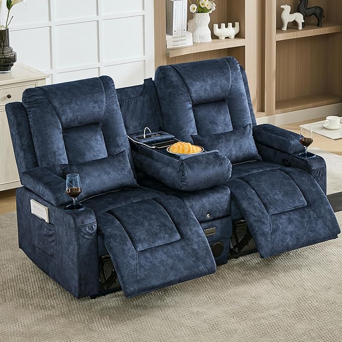 URRED Manual Reclining Loveseat Sofa with Console Double Recliner RV Couch with Bluetooth Speakers USB &amp Power Outlet Cup Holders Pillow and Side Pocket for Home Theater (Blue)