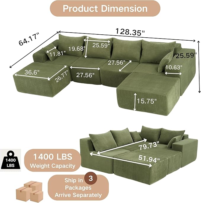 128 Modular Sectional Sleeper Sofa Modern Cloud Sectional Sofa Couch with 2 Ottomans U Shape Boneless Couches for Living Room Free Combination No Assembly RequiredGreen