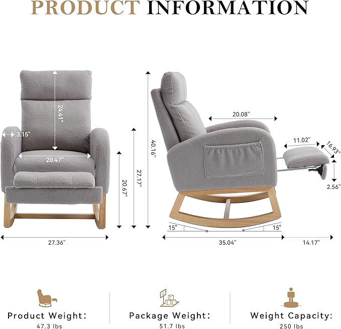 Setawix Teddy Rocking Glider Chair for NurseryUpholstered Living Room Rocker Arm ChairLeisure Sherpa Wingback ArmchairMid Century Modern Rocking Accent Chair with Side Pockets (Teddy Grey)