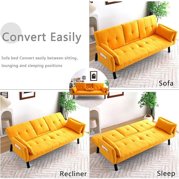 70 Convertible Sofa Bed Modern Futon CouchAdjustable Backrest Cotton Linen with Cup Holders and 2 Throw Pillows Sleeper Sofa for Living Room Apartment Small Space (Yellow)