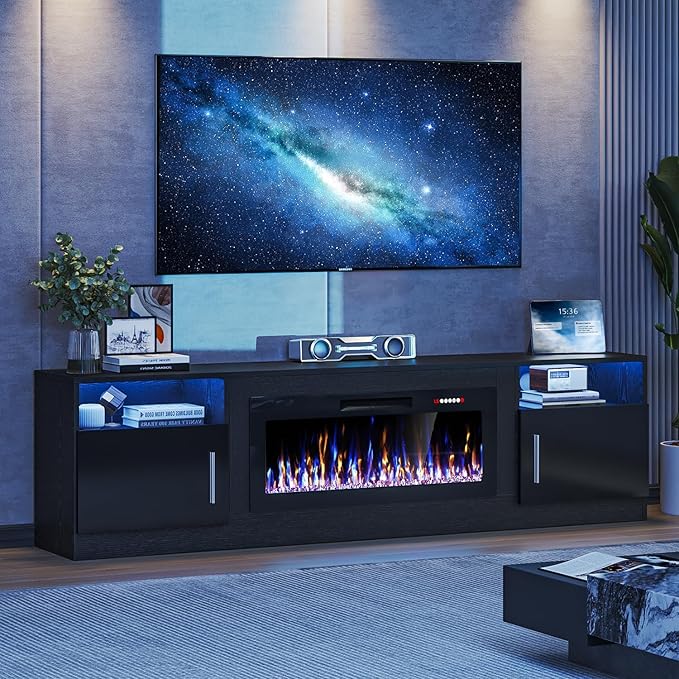 VITESSE TV Stand with 36 inch Electric Fireplace Up to 90 TVs LED Light Entertainment Center 80 Modern Wood High Gloss Fireplace with Highlight Storage Cabinet for Living Room (Black)