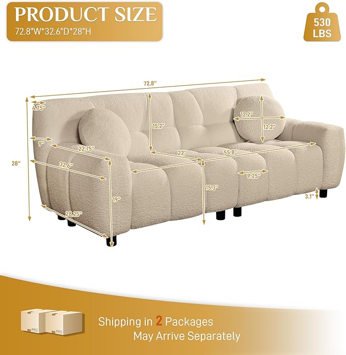 Modern Boucle Sofa Couch Comfy Deep Seat Teddy Cloud Couch 72.8 Upholstered Cozy Sherpa 2 Seater Couches with Pillows Oversized Loveseat Sofa for Living Room Apartment Light Brown