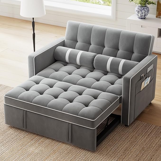 Marsail 3-in-1 Convertible Futon Sleeper Sofa Bed Pull Out Couch with Adjustable Backrest USB Charging &amp Side Pockets Velvet Fabric Sofa for Living Room Apartment Loveseat Grey