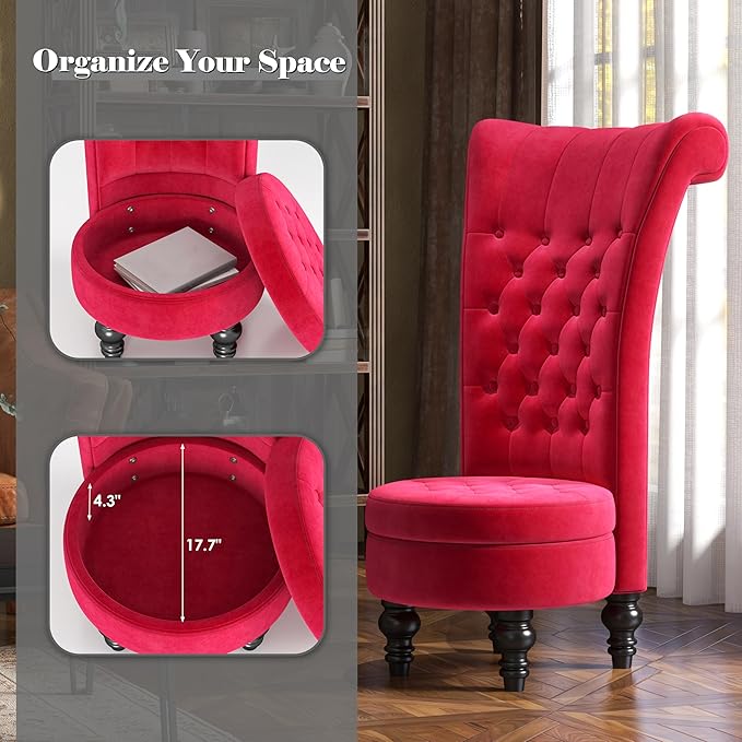 MU Retro High Back Armless Chair Velvet Royal Furniture Chair Upholstered Tufted Accent Seat for Living Room Dressing Room Bedroom Red