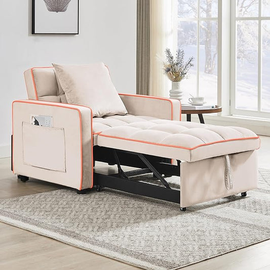 3 in 1 Convertible Sleeper Sofa Chair 35 Pull Out Sofa Bed Recliner for Adult with Adjustable Backrest Velvet Fabric Sleeper Couch Single Modern Chair for Living Room Bedroom Cream White
