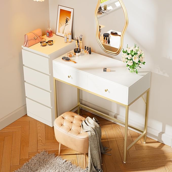 SUPERJARE 31.5 White and Gold Desk with 2 Drawers Modern Vanity Desk Small Makeup Table for Home Office Writing Study Bedroom
