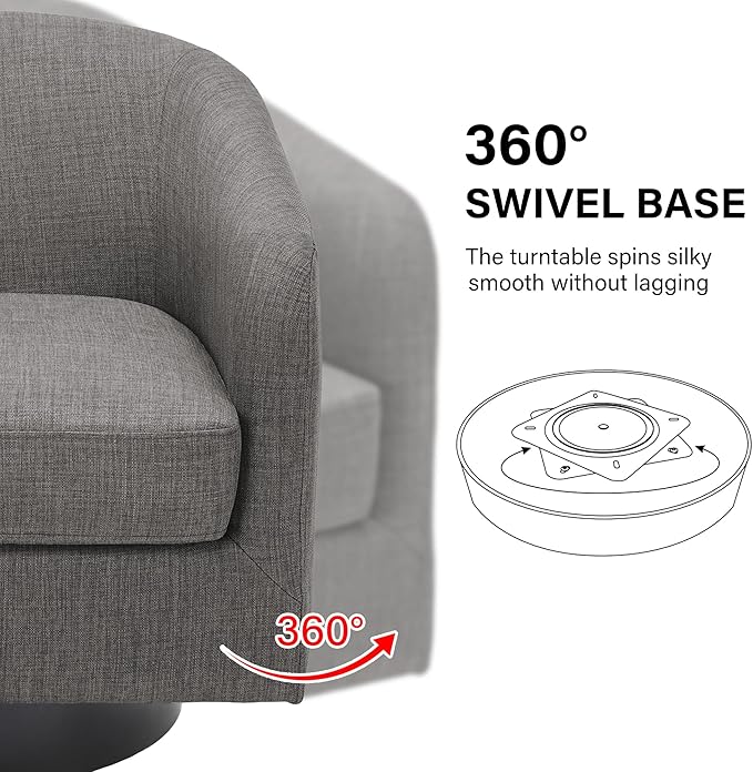 Swivel Barrel Accent Chair Modern Round Linen Arm Chair for Living Room Bedroom Comfy Club Reading Chairs for Adults（Linen Fabric Grey Set of 1