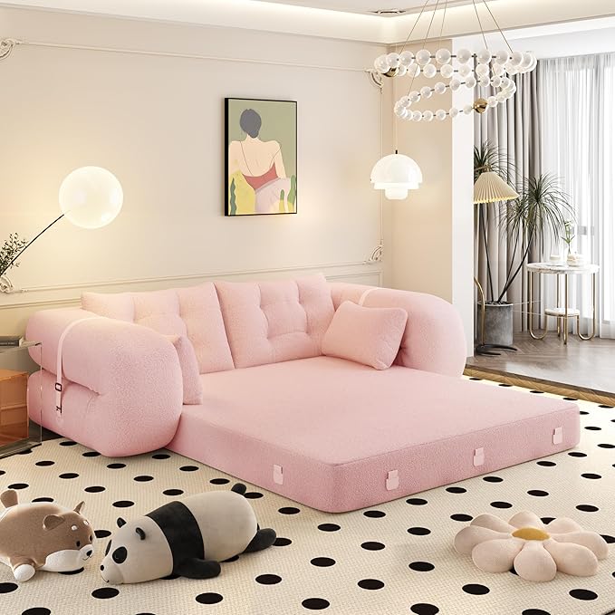 Polibi 78.7 Foldable Sleeper Sofa Bed - 3-in-1 Lazy Sofa Couch Human Dog Bed with Teddy Fabric &amp Foam Filling for Living Room Playroom No Assembly Required (Pink)