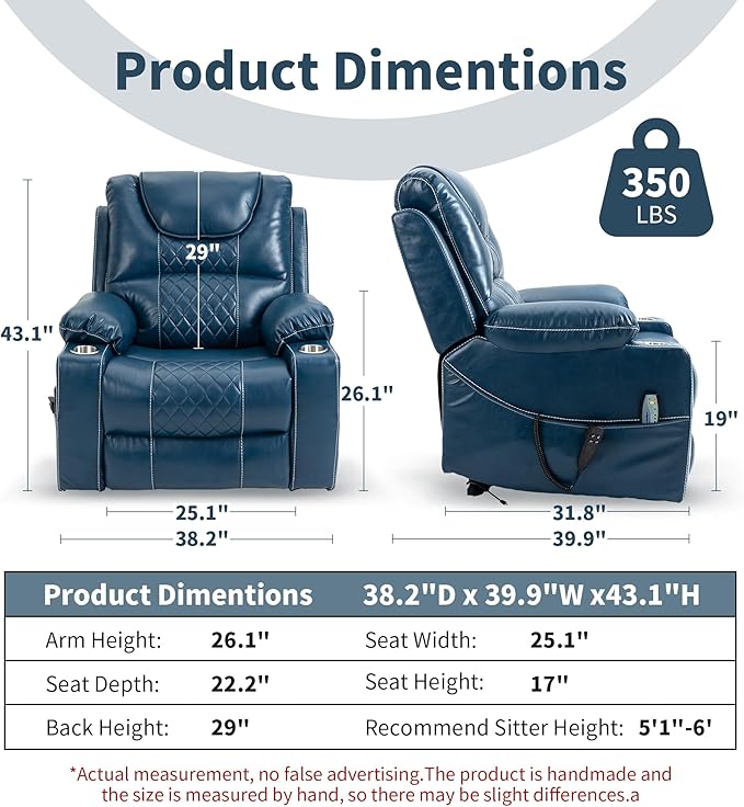 Large Power Lift Recliner Chair with Massage and Heat for Elderly Big and Tall People Dual Motor 180° Lay Flat Overstuffed Wide Leather Recliners with 2 Cup Holders Side Pocket
