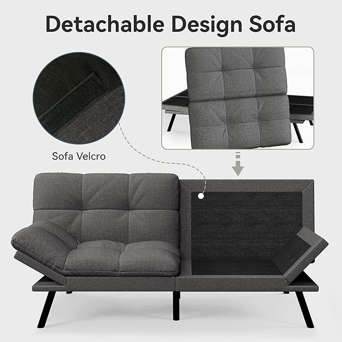 Convertible Futon Sofa Bed71 Memory Foam Futon CouchDetachable CushionAdjustable Backrest &amp ArmrestLinen Modern Loveseat Sleeper Recliner for Living RoomOfficeApartmentMist Grey