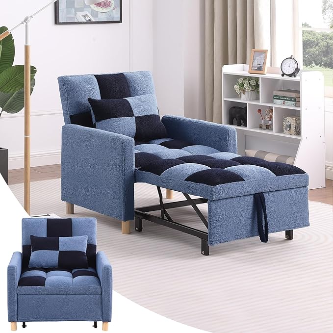 Sleeper Chair Bed - Convertible Single Sofa Chair Bed with PillowPull Out Sleeper Bed with Adjustable BackrestMulti-Functional Lounge Chair with Teddy Fabric for ApartmentLiving Room (Blue)