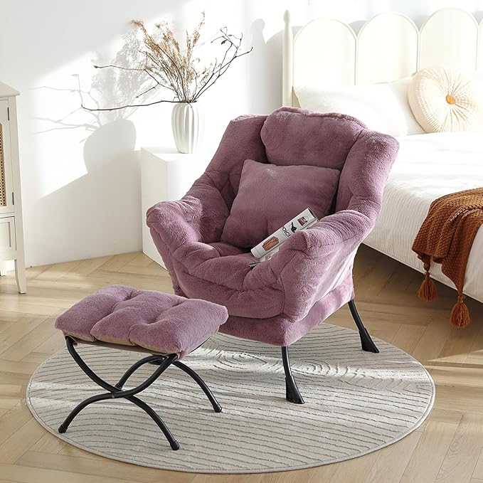 Lazy Chair with Ottoman Reading Chair with a Pillow Leisure Sofa Armchair with Ottoman Large Accent Chair for Bedroom Living Room Dorm Room Plush Purple