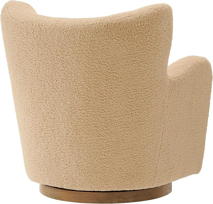 Modway Montrose Swivel Wingback Accent Chair in Ivory Walnut Sherpa Teddy Fabric – Modern Furry Barrel Chair with 360-Degree Swivel Base – Soft and Comfy Living Room Chair