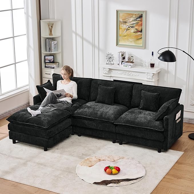 KEIKI 101.9 Modular Sectional Sofa with Movable Ottoman 3 Seat Modern Sofa Set L-Shape Sectional Couches for Living Room Apartment Black
