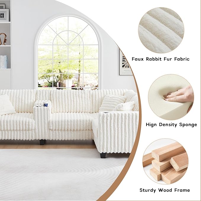 105 Modular Sectional Sofa Comfy Faux Rabbit Fur L-Shaped Cloud Couch with Center Console Cup Holders and Storage 4 Seater Sofa Couch for Living Room Apartment (White)