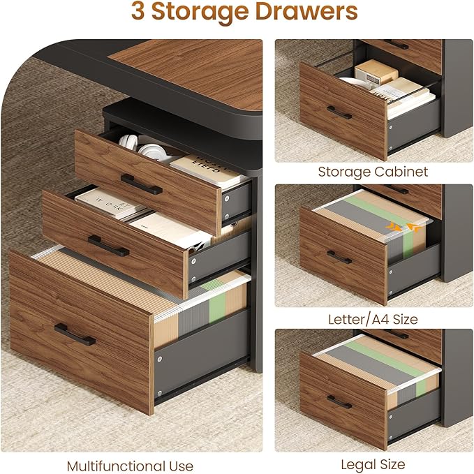 Itaar 70.9 Executive Desk Large Computer Desk with Drawers and Lateral File Cabinet Office Desk with Removable Shelves Business Furniture Desk Workstation for Home Office Brown