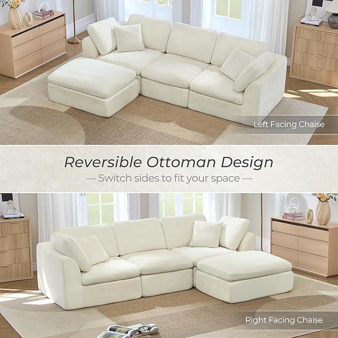 CHITA 108 Cloud Sectional Couches for Living Room Boneless L-Shape Sofa with Ottoman 3 Seater Modular Sectional Sofa Cream