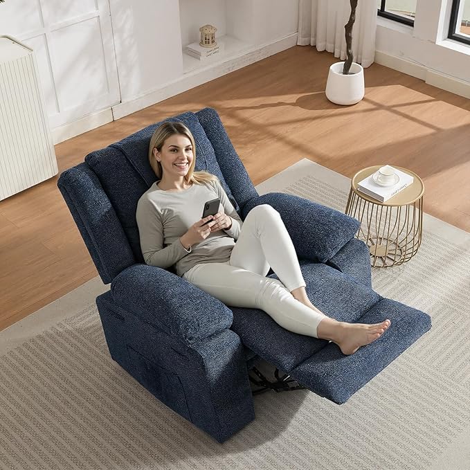 Oversized Rocker Recliner Chair for Adults 360° Swivel Glider Nursery Recliner with Vibration Massage &amp Heat Single Sofa for Living Room &amp Bedroom (Blue)