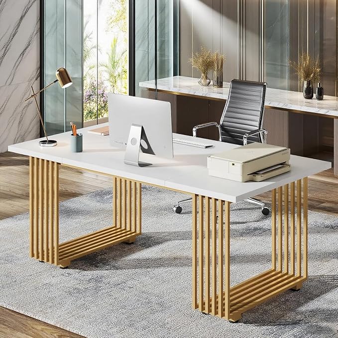 70.9-Inch Modern Office Desk White Wooden Executive Computer Table with Gold Metal Legs Large Home Office Workstation for Study or Small Conference Room
