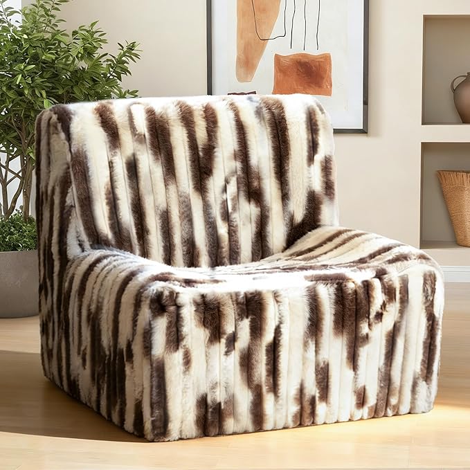 Trenda 32'' Comfy Bedroom Chair for Adult Boneless Space-Saving Accent Chairs with with Spacious Seating Soft Faux Fur Ideal Floor Couch for Living RoomCollege Dorm to Reading (White&amp Brown)