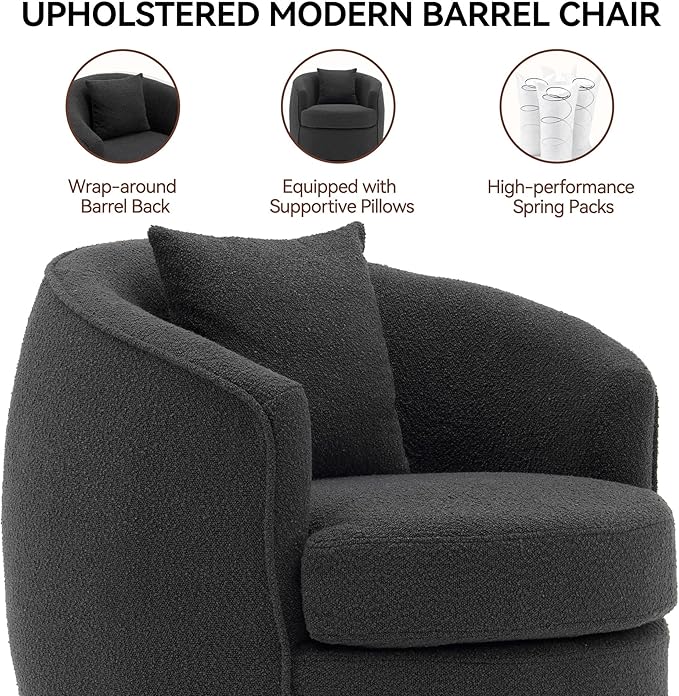 Swivel Accent Chair Modern Upholstered Boucle Barrel Arm Chairs with Pillow for Living Room 360 Degree Round Swivel Sherpa Armchair with Round Base for Bedroom Club (1 Dark Grey)