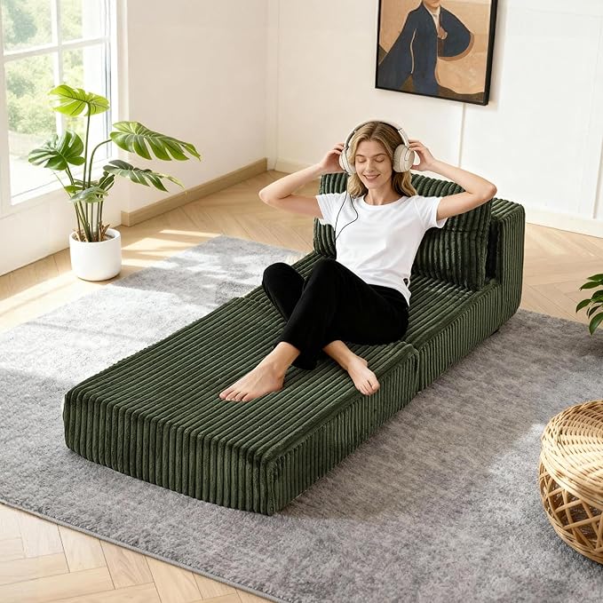 TYBOATLE Folding Sofa Bed Convertible Sleeper Chair with Back Support and Pillow Fold Out Floor Chair Bed Comfy Foldable Mattress Futon Couch for Living Room Bedroom (Forest Green Single Seat)