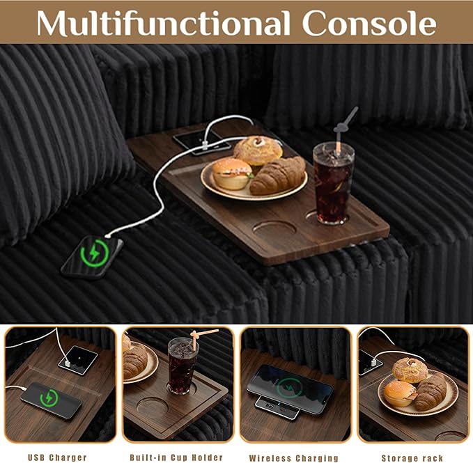 137.5 U Shaped Sofa Couch with USB Wireless Charge &amp Coffee Table Board with a Cup Holder 6 Seats Oversize Modular Corduroy Sectional SofaNo Assembly Black