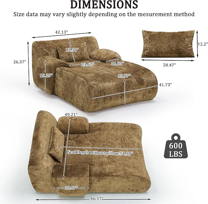 66 Inches Oversized Chaise Lounge Indoor No Assembly Required Single Sleeper Sofa Chair with Lumbar Pillow Upholstered Boneless Sofa Bed for Living Room Bedroom