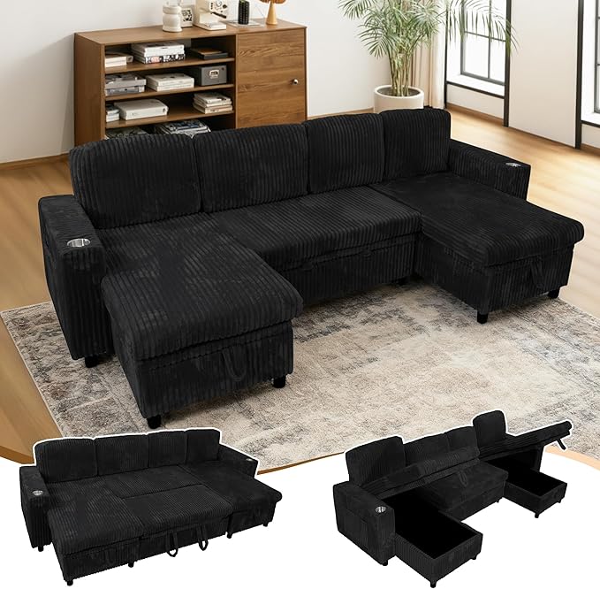 Sectional Sleeper Sofa with Pull Out Bed Storage Chaise Sectional Couches for Living Room Black Corduroy Couch with Storage Pull Out Bed 2 Cup Holders &amp USB Charging Ports Black