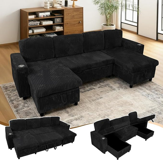 Sectional Sleeper Sofa with Pull Out Bed Storage Chaise Sectional Couches for Living Room Black Corduroy Couch with Storage Pull Out Bed 2 Cup Holders &amp USB Charging Ports Black