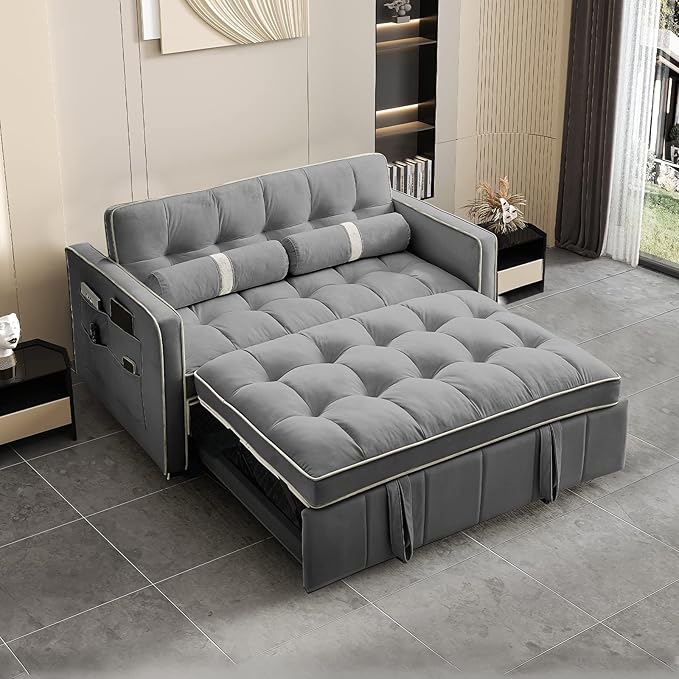 Pull Out Sofa Bed 55.5 Loveseat Sleeper Sofa Bed with Side Pocket Storage Adjustable Backrest and Waist Pillow Suitable for Small Space Living Room Bedroom Office(Grey)