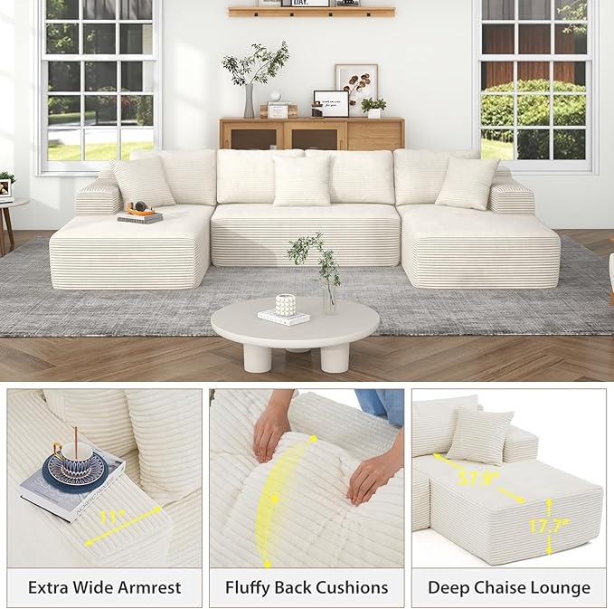 Verano Garden 133 U-Shaped Modular Sectional Sofa Modern Cloud Couch with Double Chaise Comfy Corduroy Couch with Memory Foam Deep Seat Floor Sofa No Assembly Required (Cream White)